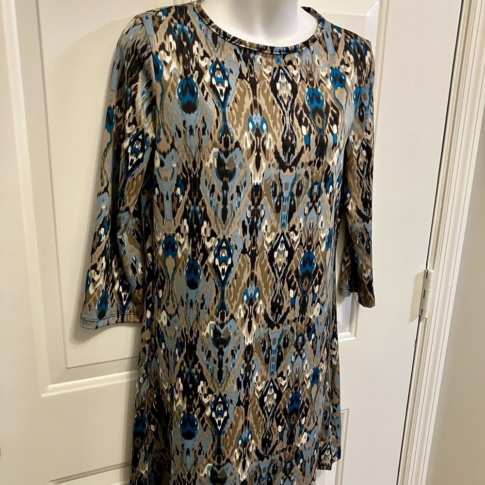 Jean Pierre Klifa Dress Sz Small Aqua Brown Stretch Shift 3/4 Sleeve USA Women's